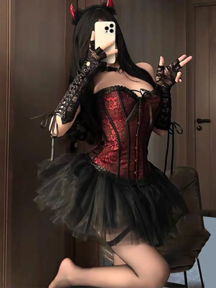 

Womenm lace splicing retro palace two-piece set tube top slim top high waist puffy skirt suit Halloween women Tight Party dress