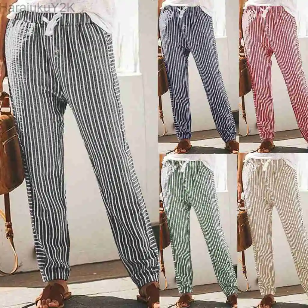

2022 Women's Cotton and Linen Striped Casual and Comfortable Straight Wide-leg Trousers Womens Pants
