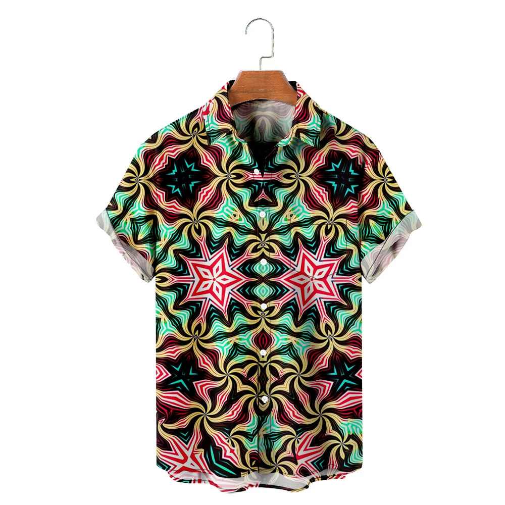 Men's Hawaiian T-Shirt Y2K Hombre Fashion Shirt Single buckle Kaleidoscope 3D Print Cozy Casual Short Sleeve Beach Clothes men