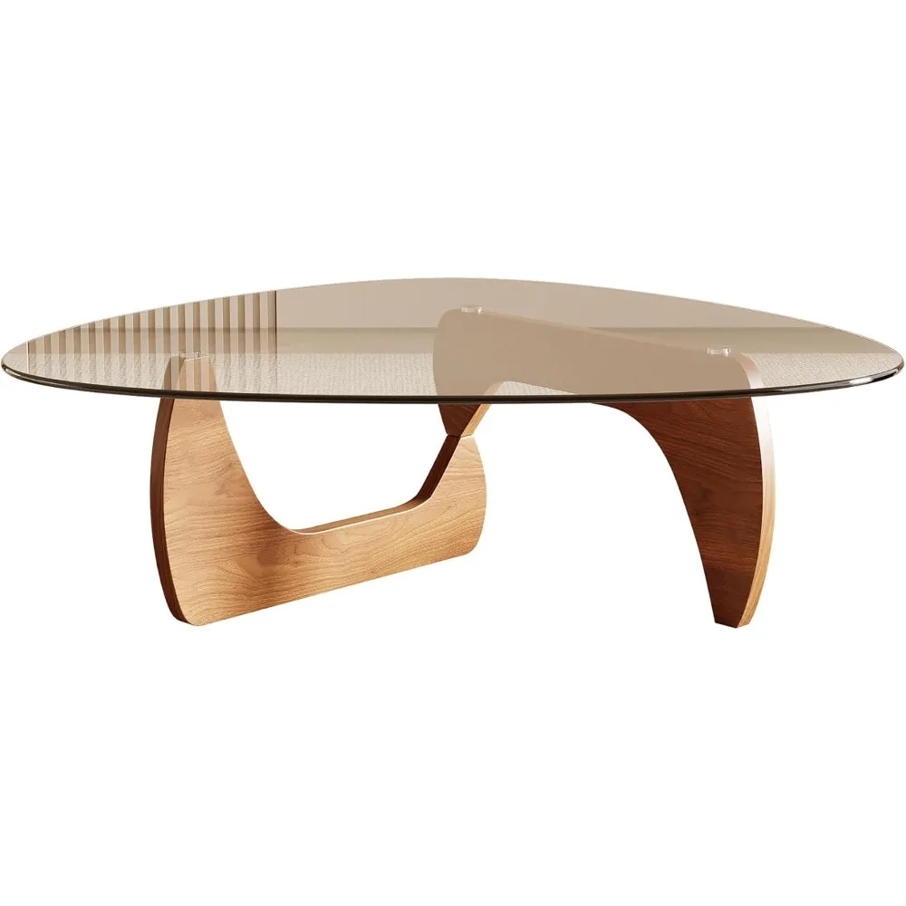 Modern Triangle Coffee Table 42.5" Tempered Glass Top Natural Wood Living Room Furniture