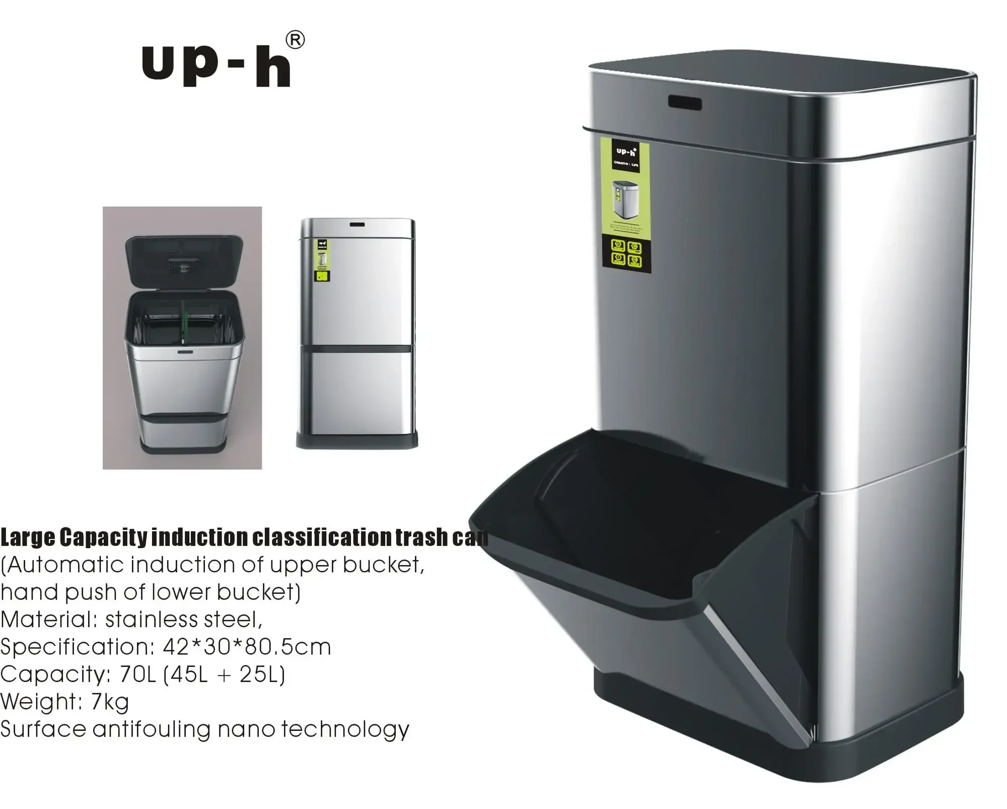 40L+40L Wholesale Large Capacity Automatic Intelligent Classification Stainless Steel Trash Cans Trash Can Compactor 3