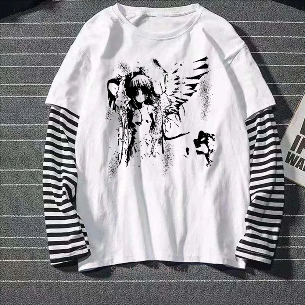 Damen Gothic Y2K Grafik-Print Fake-Two-Layer Langarm-T-Shirts – Modische Retro Casual Loose High Street Fake-Two-Layer Langarm-Tees