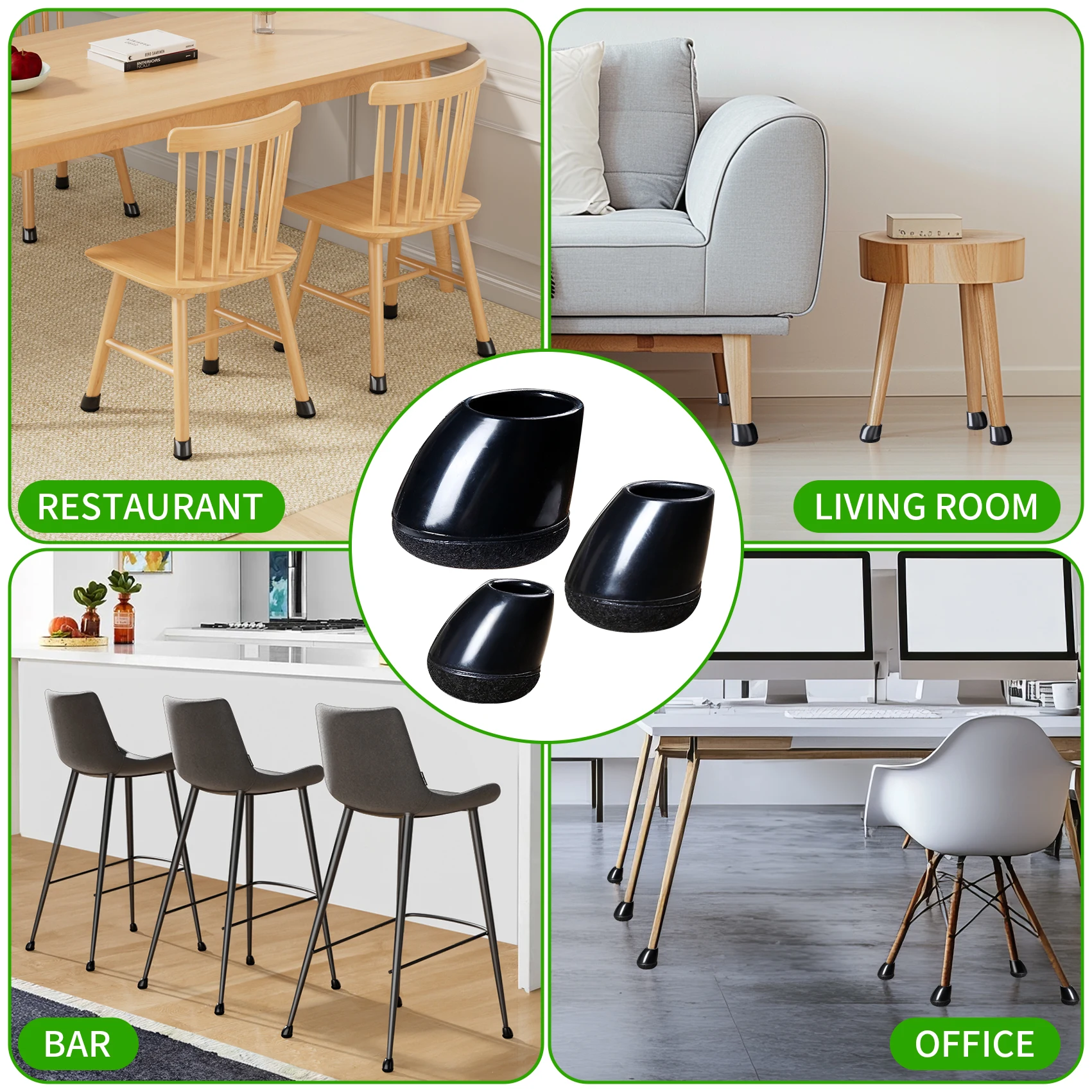 8-Pack Black Silicone Slanted Chair Leg Floor Protectors with Felt Pads