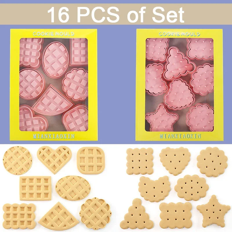 Waffle Cookie Molds 16pcs Set Cookies Cutters Classic Retro Biscuit Mold Confectionery Cookie Stamp Baking Pastry Bakeware Tools