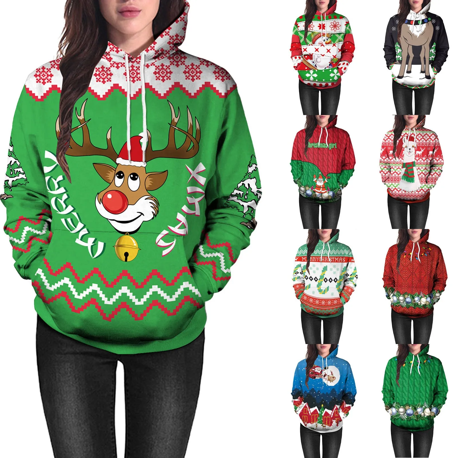 

2023 Women's Autumn Winter Christmas Santa Printing Hoodie Long Sleeve Sweatershirt Top Casual Sweatshirt for Women