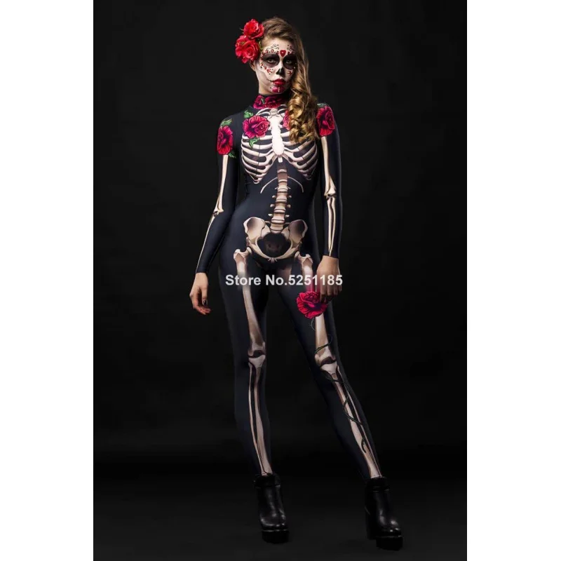 Women Cosplay Skeleton Rose Sexy Bodysuit Halloween Devil Ghost Specter Jumpsuit Romper Party Carnival Performance Scary Costume