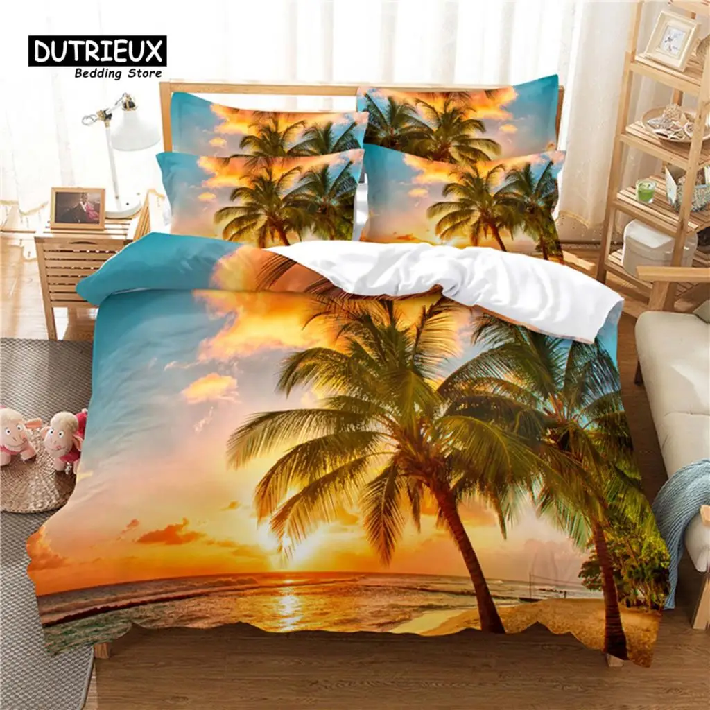 

Coconut Tree Beach Bedding Set, 3Pcs Duvet Cover Set, Soft Comfortable Breathable Duvet Cover, For Bedroom Guest Room Decor