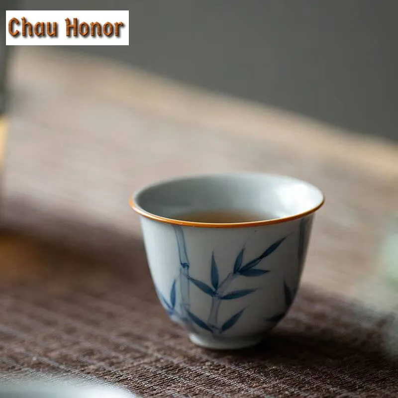 2pcs /set Hand Painted Blue And White Bamboo Tea Cup Antique Glaze Household Tea Cup Tea Ceremony Accessories Drinkware 50ml