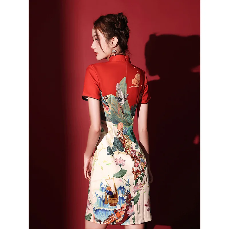 Chinese Trendy Cheongsam Skirt New Popular Short Style Improved Red Young Girl Bridesmaid Evening Qipao Dress for Women