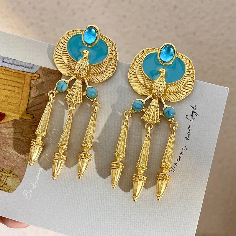 

Antique Palace Blue Temperament Tassel Magazine Style Bird Medieval Metal Earrings