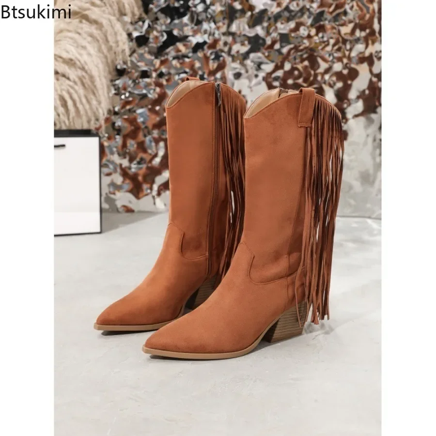 2024Women's Western Mid Calf Boots Vintage Cowboy Tassels Chunky Heels Flock Cowgirl Retro Wild Short Boots Shoes Woman Big Size