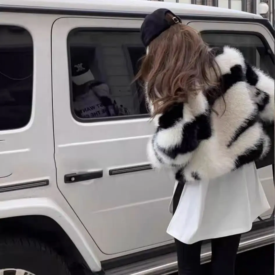HIGH QUALITY Winter Zebra Striped V neck Short Faux Fur Coat Long Sleeve Warm Shaggy Jacket Loose Outwear