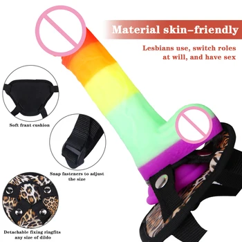 New Rainbow Color Dildo Realistic Dildo Penis Leopard Print Harness Belt Strap on Dildos Female Masturbator Sex Toys for Women 3