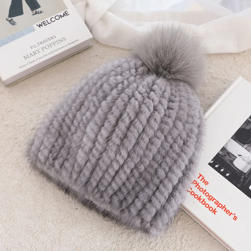 Women Winter Hats Real Mink Fur Hat For Women Thicken Female Fur Caps Ladies Winter Knitted Mink Beanies Fox Pompoms Hat