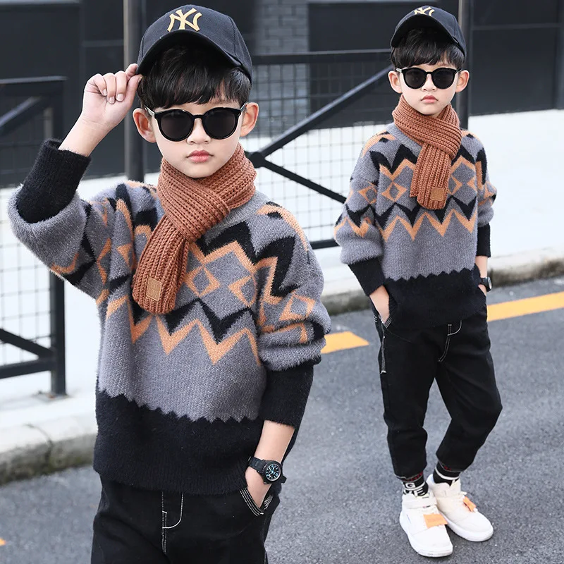 

Fashion New Sweater for Boys Autumn Winter New Thick Warm Mink Velvet Tops Kids Clothes for Teens Casual Knitted Pullover 4-14 Y