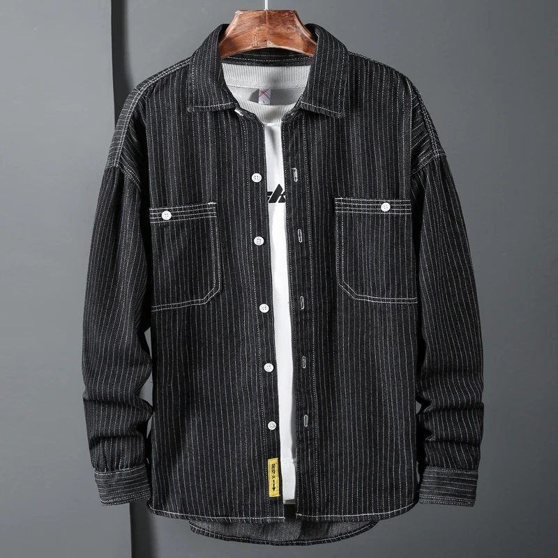 

Black Denim Shirt Men Autumn New Stripe Fashion Casual Long Sleeve Lapel Coat Streetwear Pockets Jeans Shirt Plus Size 5XL