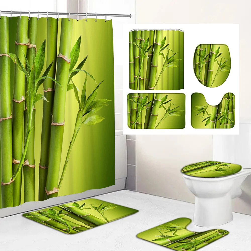 

Green Plants Bamboo Landscape Bathroom Curtain Polyester Fabric Shower Curtains And Rugs Toilet Cover Bath Mat Set Home Decor