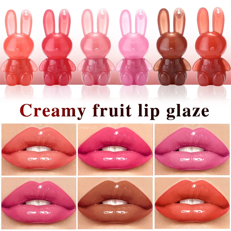 Watery Crystal Clear Jelly Rabbit Lip Gloss Long-lasting Moisturizing Smooth Shimmering Lip Hydrating Liquid Fruit Tint