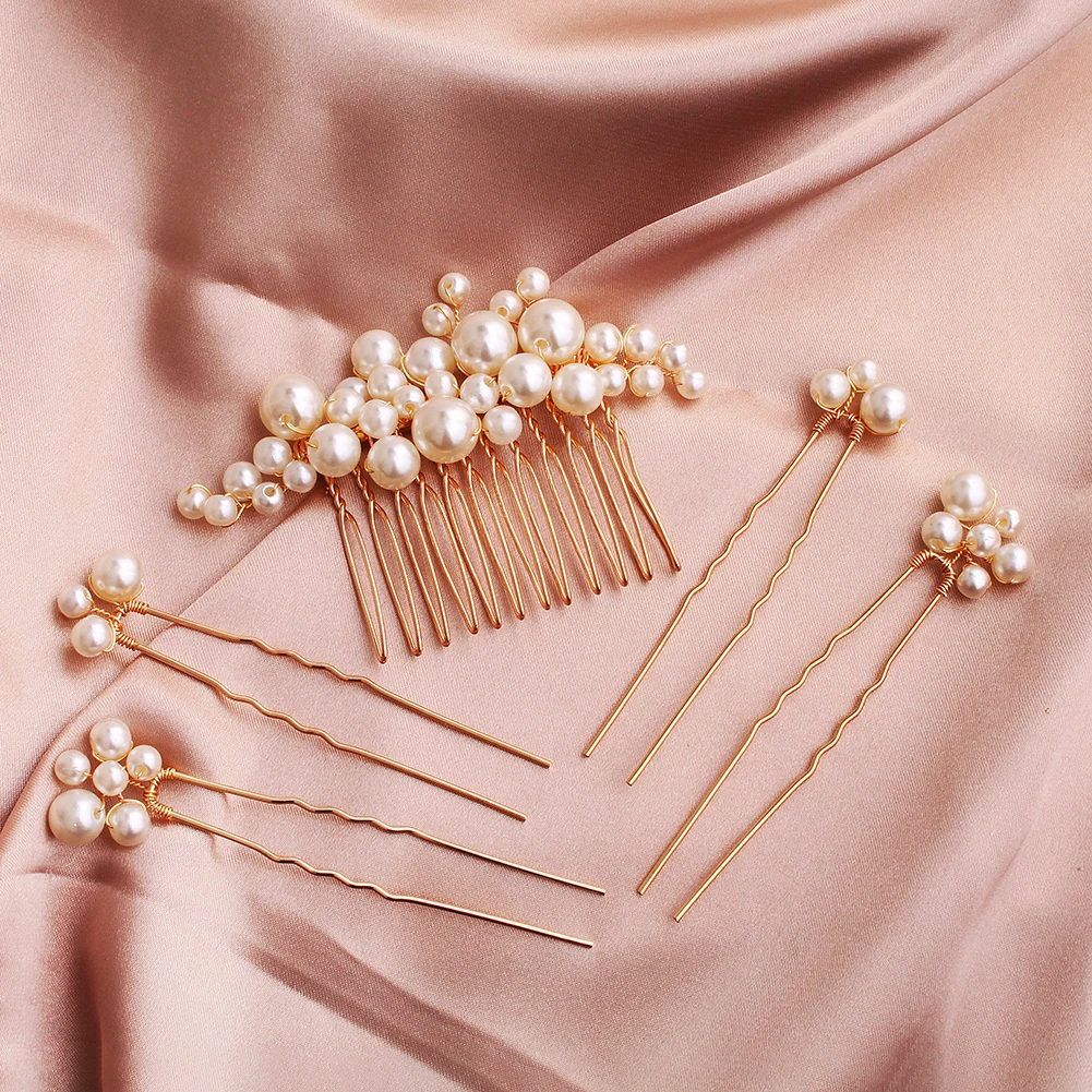 5PCS Pearl Rhinestone Bridal Comb Hairpin Set Bridal Wedding Hairpin Hairstyle Making Model Headdress Jewelry Bridesmaid Gifts