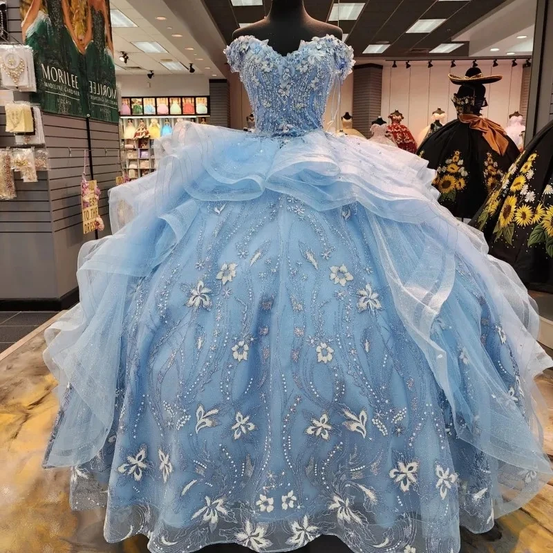 

Light Sky Blue Princess Quinceanera Dress 2024 Off Shoulder Appliques Sequins Flowers Party Sweet 16 Gown Vestidos De 15 Años