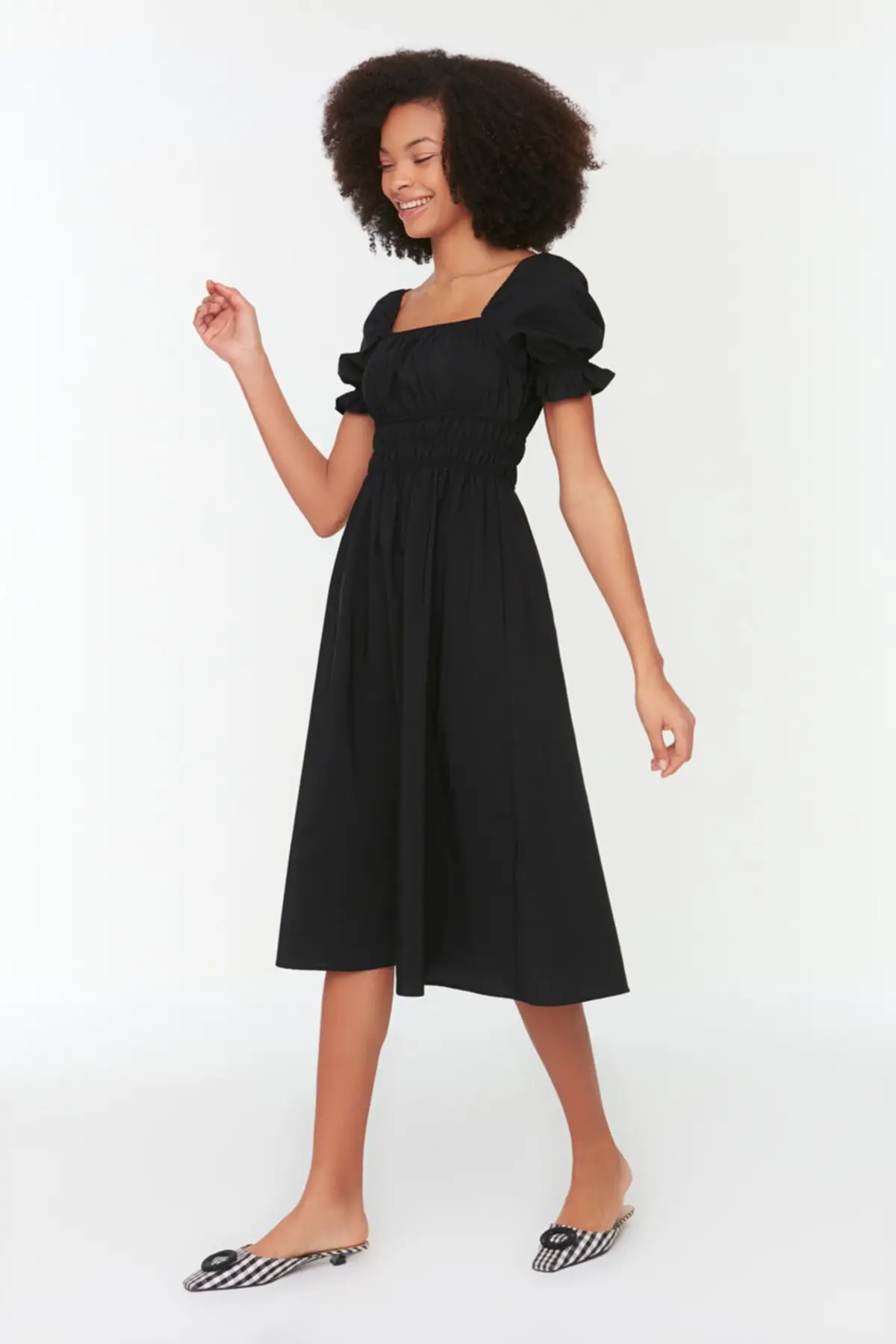 

Black Square Neck Dress TWOSS22EL1768 Cool Comfort Midi Standard Sleeve Straight Regular Short Unlining Cotton Blended Woven