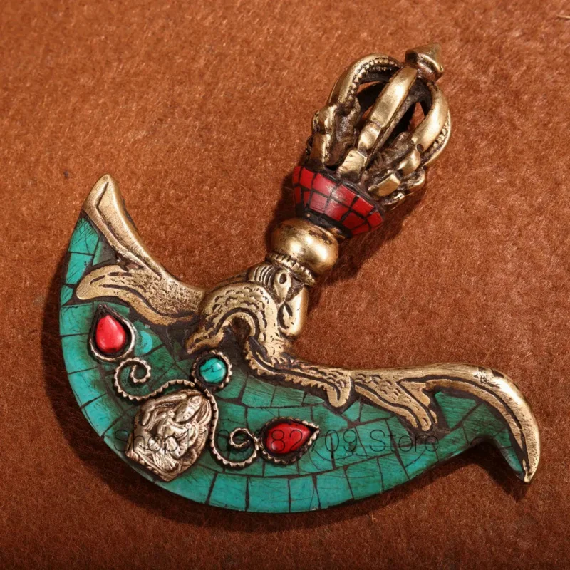 

5"Tibetan Temple Collection Old Bronze Outline in gold Painted Gem skull head Dorje Vajra Phurpa Amulet magic weapon Town House