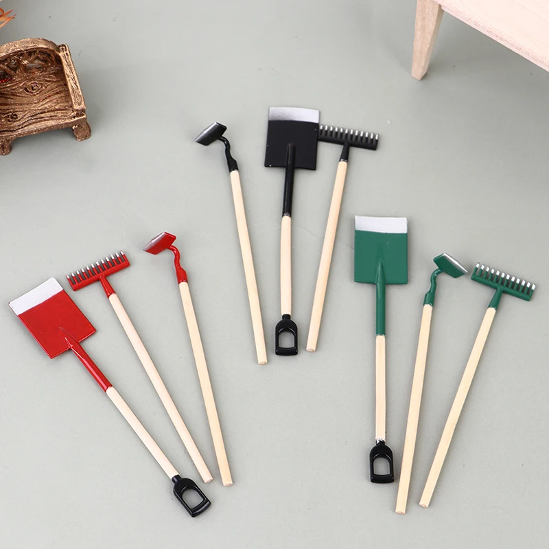 3Pcs 1:12 Dollhouse Miniatures Gardening Shovel Rake Hoes Farm Tool For Doll House Garden Tools Decor Kids Pretend Play Toys 2