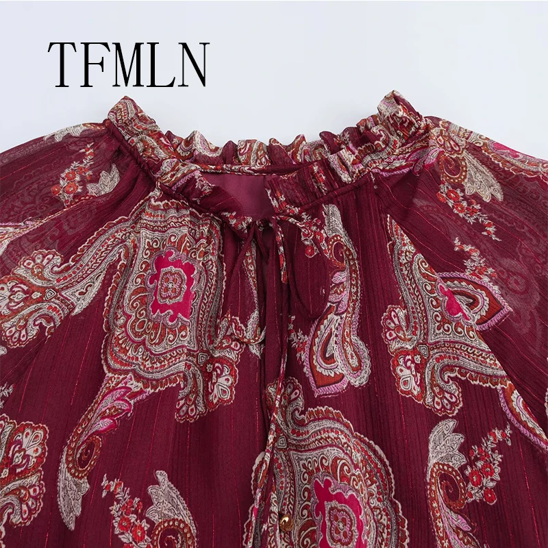 TFMLN Women Loose Long Dress Fashion Holiday Style Lantern Sleeve Lace Up Neck Midi Dress Bohemian Summer Vintage Dress