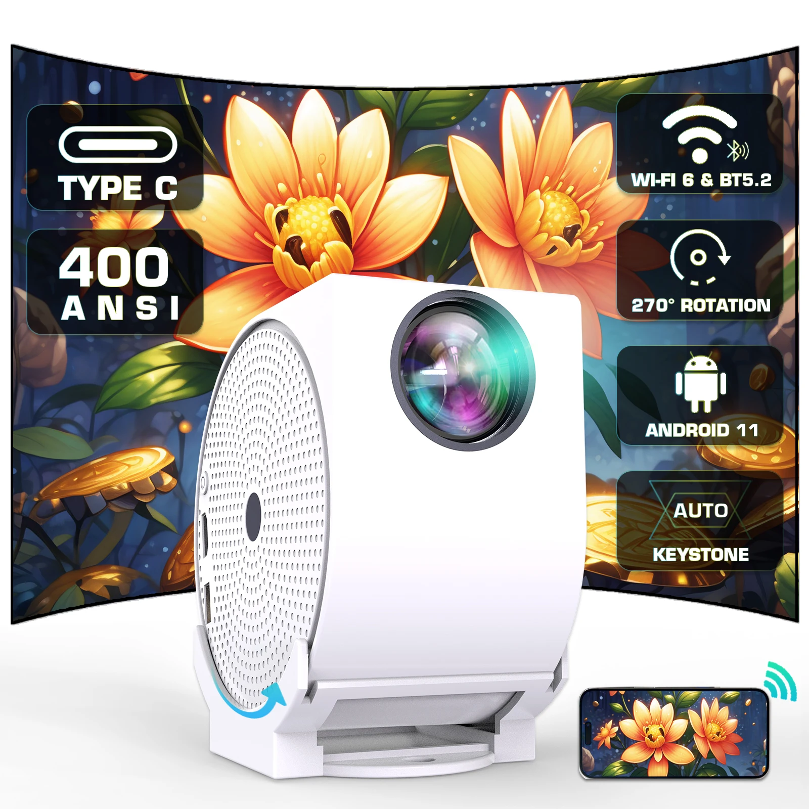 TYPE C 4K 400ANSI Mini Projector with WIFI and Bluetooth,BT5.2 4K Portable Movie Video Projector w/ 270&deg; Rotatable Auto Keystone