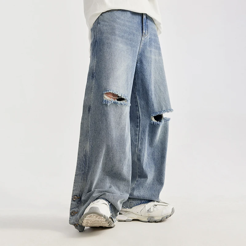 High Quality Men Ripped Jeans Vintage Blue Wide Leg Denim Pants Side Button Patchwork Hip Hop Spring Streetwear Baggy Trouser