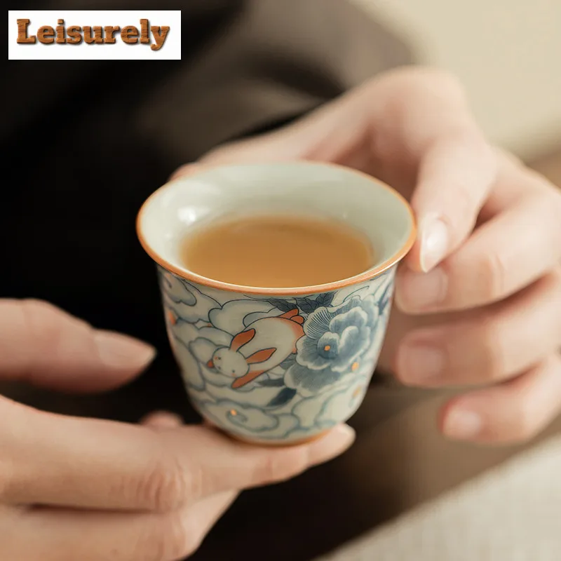 2pc/lot Cloud Rabbit Ru Kiln Porcelain Teacup Zen Tea Bowl Sample Tea Cup Fragrance Cup Jianzhan Master Cups Teaware Supplies