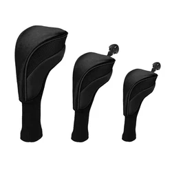 Golf Club Headcover Set with Long Neck Mesh - 3 Piece Sports Fan Collection (Black)