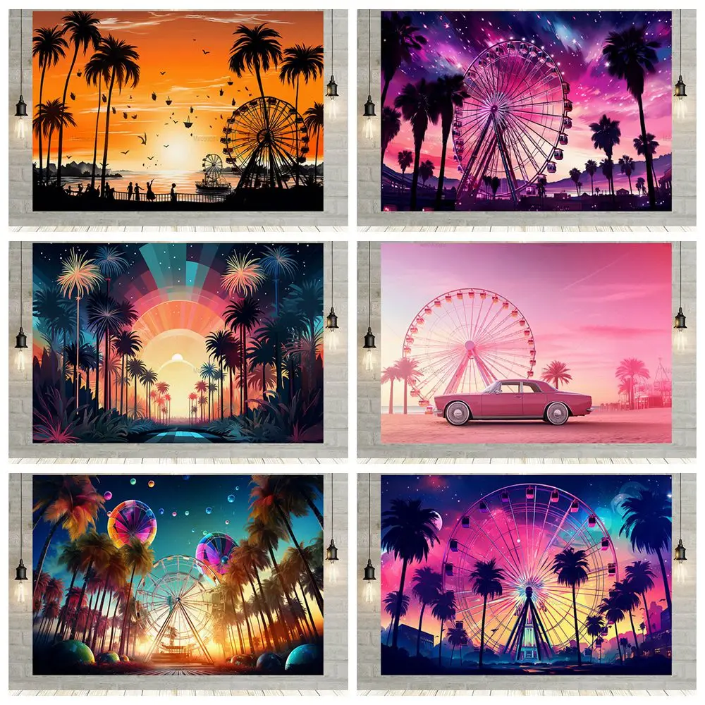 

Tropical Seaside Sunset Backdrops Beach Ferris Wheel Party Decor Hawaiian Holiday Aloha Party Birthday Background Photo Studio