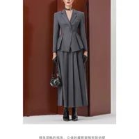 Autumn Winter Office Lady Elegant Two Piece Skirt Set Dress Elegant Workwear Gray Blazer+Pleated Skirt Outfits Fashionable - Image 2
