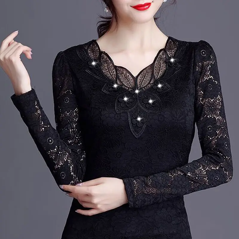 

Women T-shirts Spring Female 2023 New Fashion Long-sleeved Loose Bottoming Shirt Ladies Street Casual Lace Style Top Clothe G679