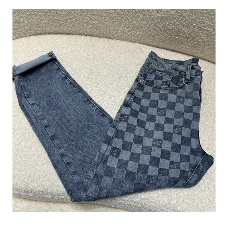 Square printed jeans men's fashion high-end affordable luxury Korean style fashionable all-match stretch slim fit skinny pants