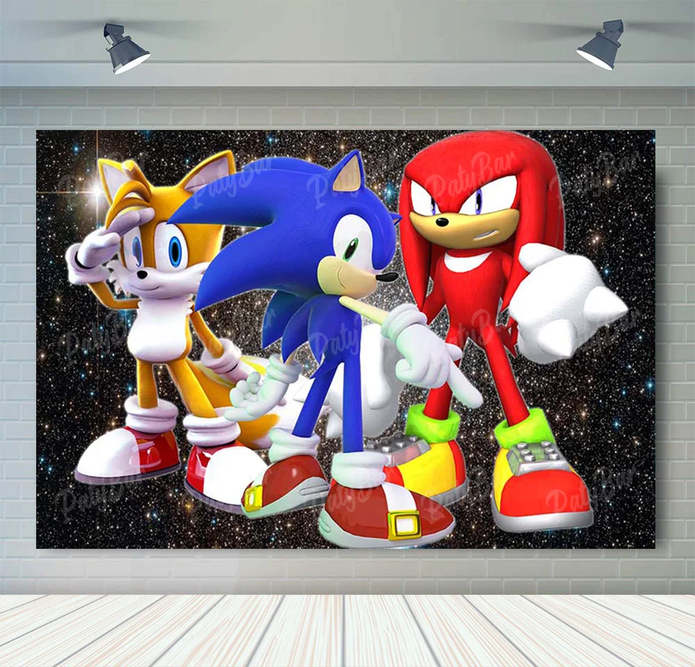 thumbnail image 1 of Fondo de fotografía de Sonic, el erizo de velocidad, héroe corredor, fondo de fotografía de dibujos animados para cumpleaños de niños, accesorios de vinilo de poliéster rojo y azul, 1 of 5