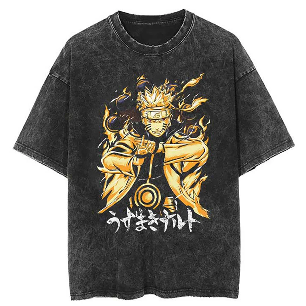 

Men Streetwear Retro Washed Black Tshirt Naruto Vintage Graphic T-Shirt 2023 Hip Hop Harajuku T Shirt Cotton Tops Tees