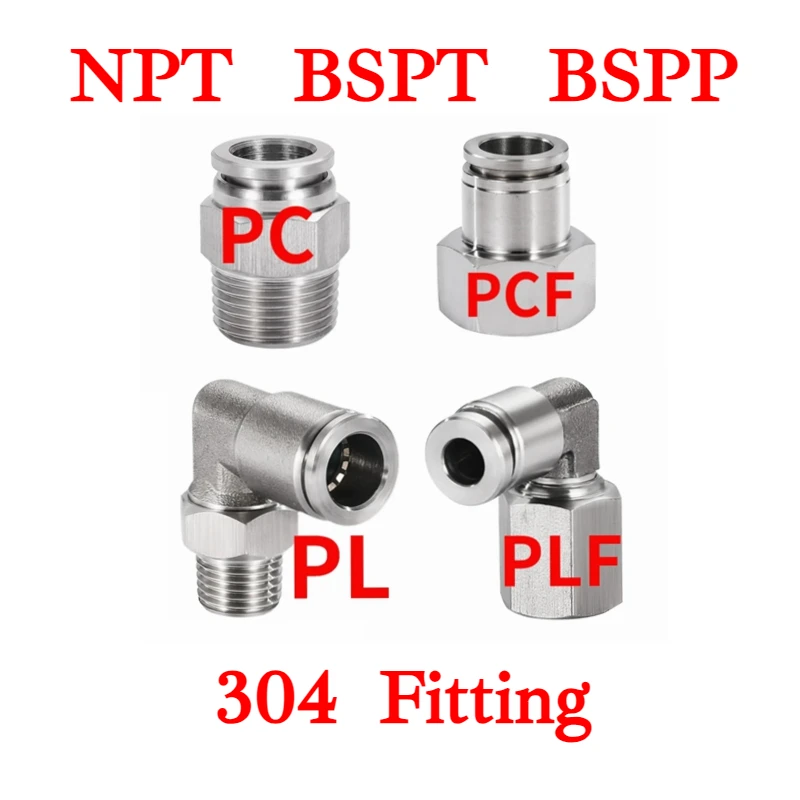 PC PL1/8" 1/4" 3/8" 1/2" 3/4" BSP NPT Female Male Pneumatic Nipple Elbow 304 Stainless Push In Connect Quick Release Air Fitting