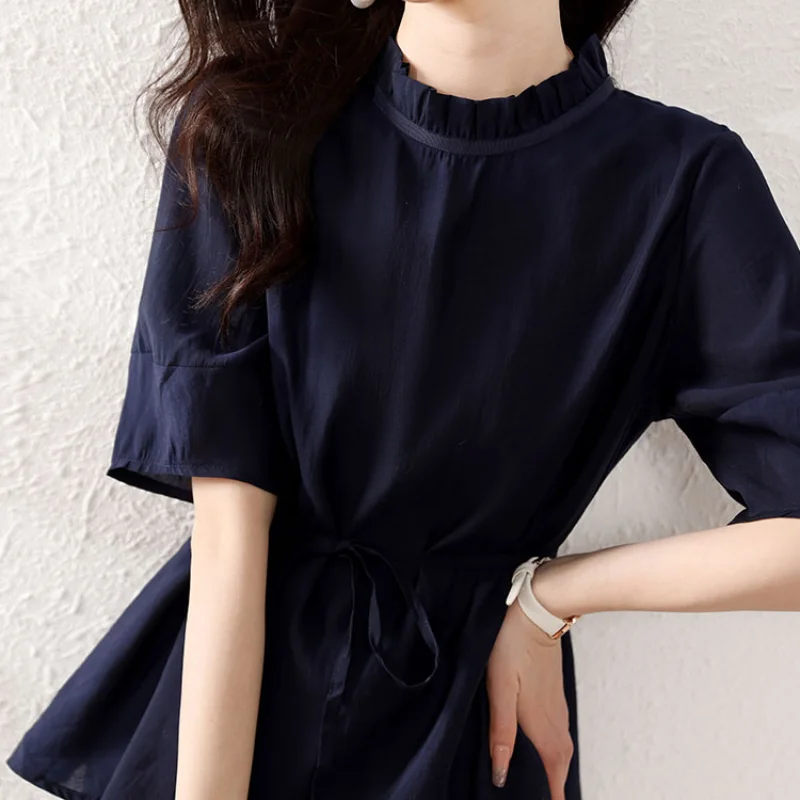 

Spring and Summer Women's Solid Color Stand Collar Lantern Sleeve Slim Belted Shirt Fashion Casual Korean All Match Tops