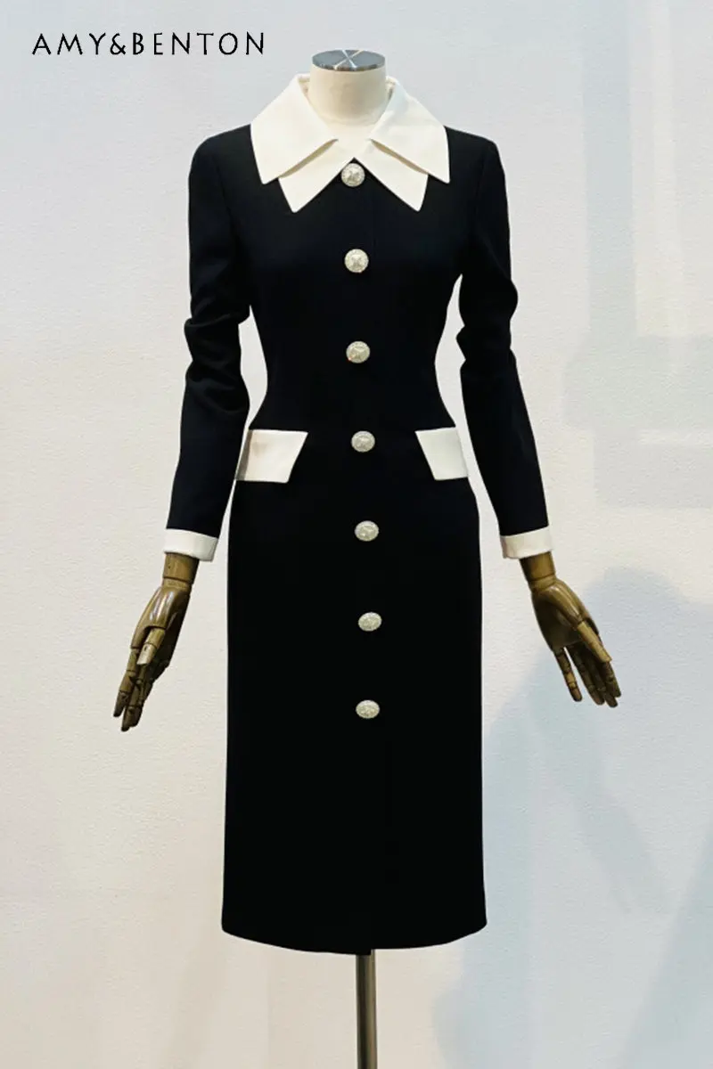 

New Elegant Slim-Fit Double-Layer Collar Dress Single-Breasted Long Sleeve Commuter Color Contrast Patchwork Dress for Women