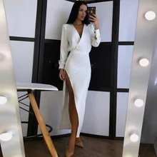 Elegant Long Dress for Women Long Sleeve White Bodycon Slit Sexy Party Evening Maxi Dresses 2021Red Festival Clothing Dresses