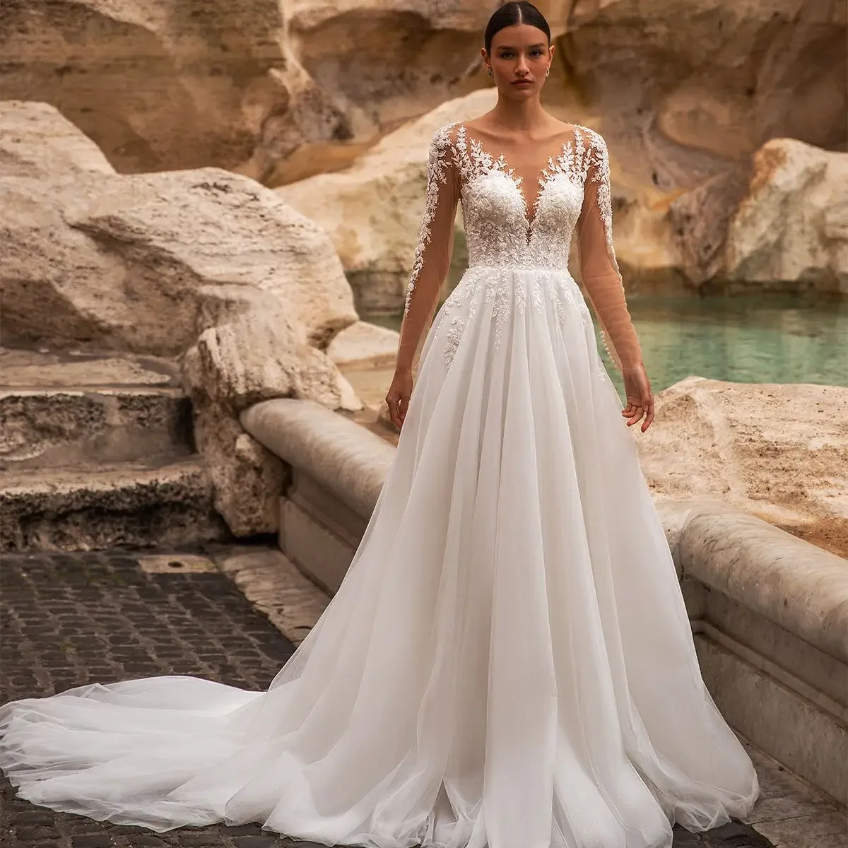 

Elegant O-neck A-Line Wedding Dress Sparkly Sequined Long Sleeves Bridal Gown Sweep Train Button Back Vestido De Novia Customize