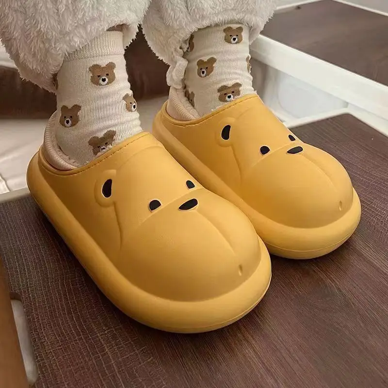 Waterproof Cotton Slippers For Women Autumn Winter 2023 Bear Indoor Home With Fleece Wrap Heel Thick Sole Warm Cotton Shoes