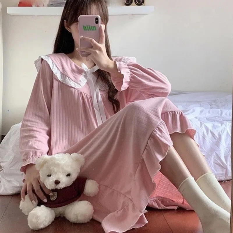 Lace Nightdress Women Fashion Long Sleeve Nightgown Court Style Princess Sleepshirt Sleepwear Spring Nightwear Home Dressin Gown