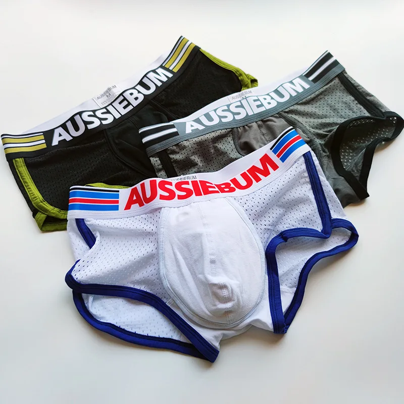 

AUSSIEBUM Beach Men's Breathable Mesh Polyester Boxer Briefs U Convex design Solid color Sexy Shorts for men