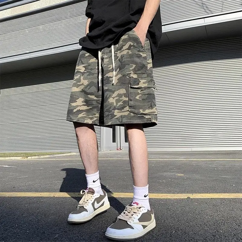 

American Vintage Men's 2024 Summer New Patchwork High Waited Drawstring Pocket Printing Straight Workwear Loose Casual Shorts