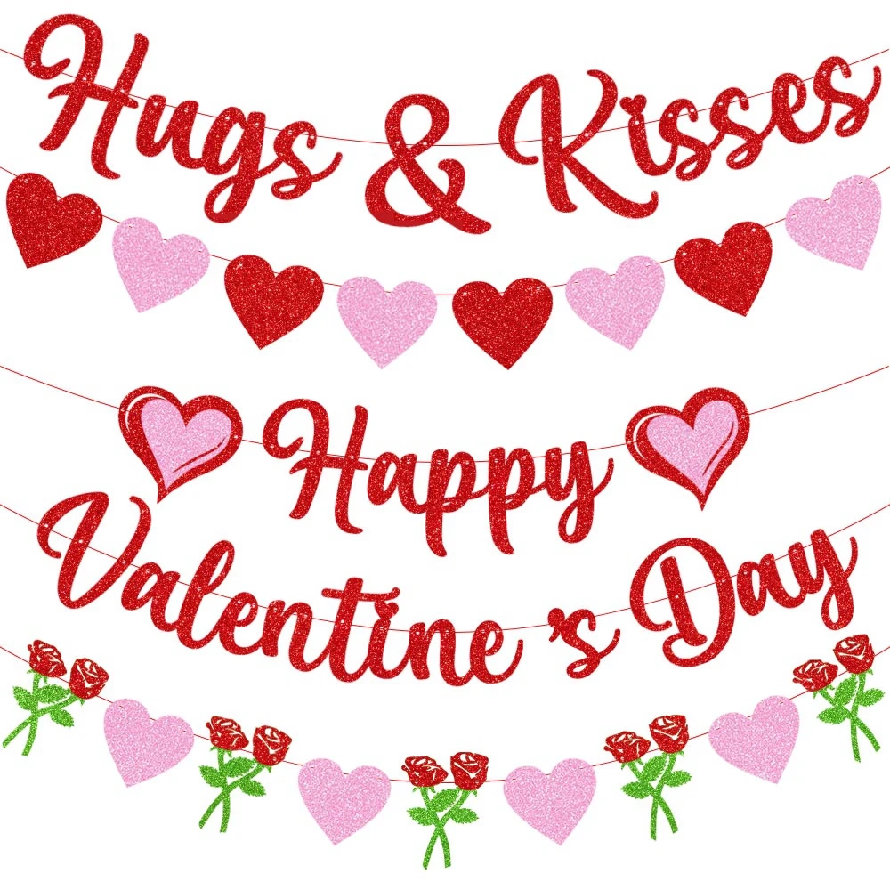 Valentinstag Hängen Banner Girlande Bunting Rot Liebe Herz Papier Banner Tür Hängen Ornament Hochzeit Geburtstag Party Dekoration – Detail 1