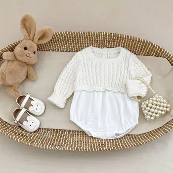 2025 Autumn New Baby Girl Knit Bodysuit Long Sleeve Newborn Infant Splicing Jumpsuit Cotton Toddler Girl Clothes 0-24M
