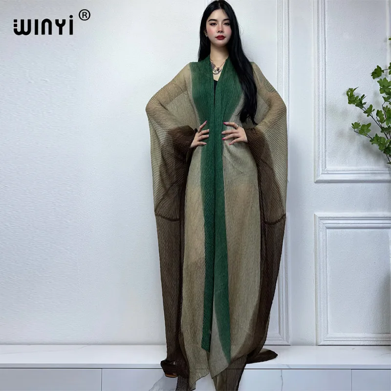 

Плиссированное Платье WINYI, пляжная одежда, сексуальный прозрачный кардиган с градиентным принтом, праздничная яркая накидка для женщин, макси-абайя
